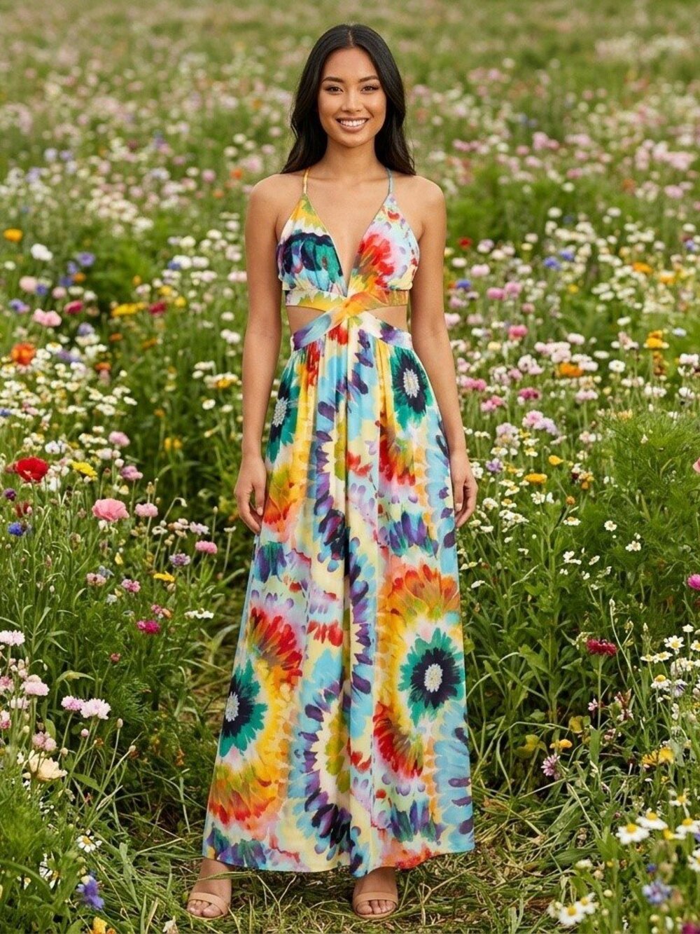 Tye Dye Print Side Cut Out Maxi Dress
